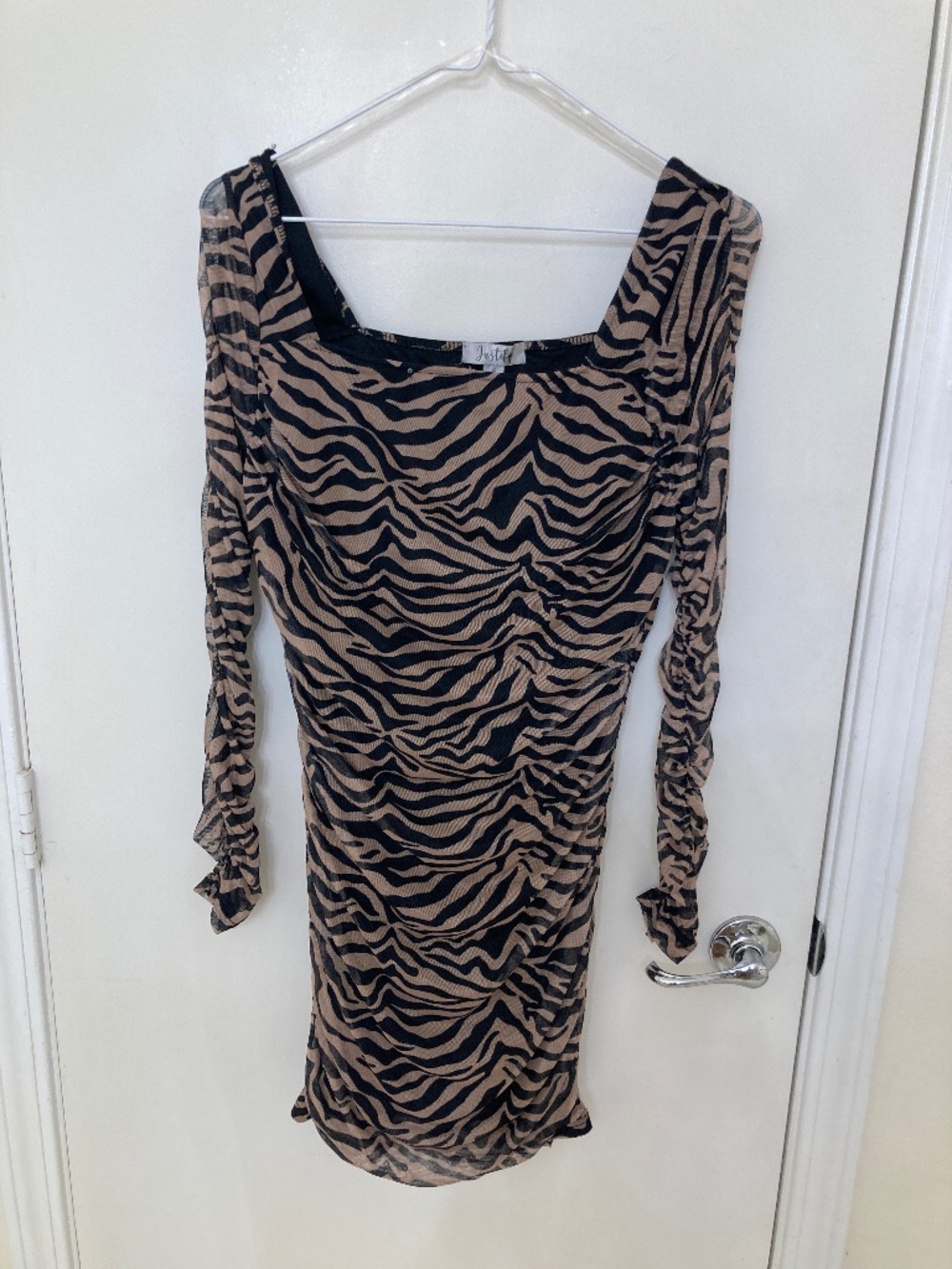 Justify - Tan and Black Zebra Print, Ruched Mesh, Long Sleeves Mini Dress